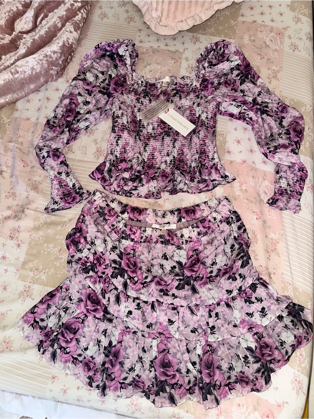 LoveShackFancy Purple Floral Tiered Midi Skirt & Top